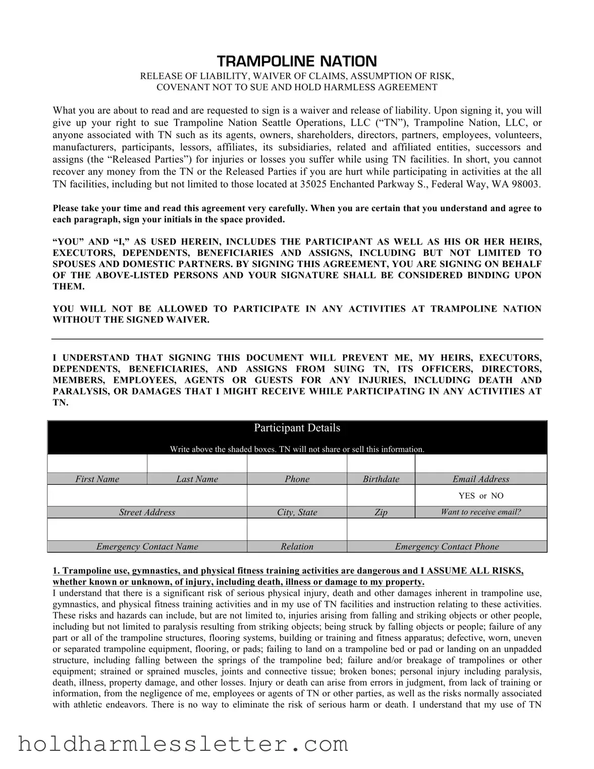 Blank Trampoline Waiver PDF Template