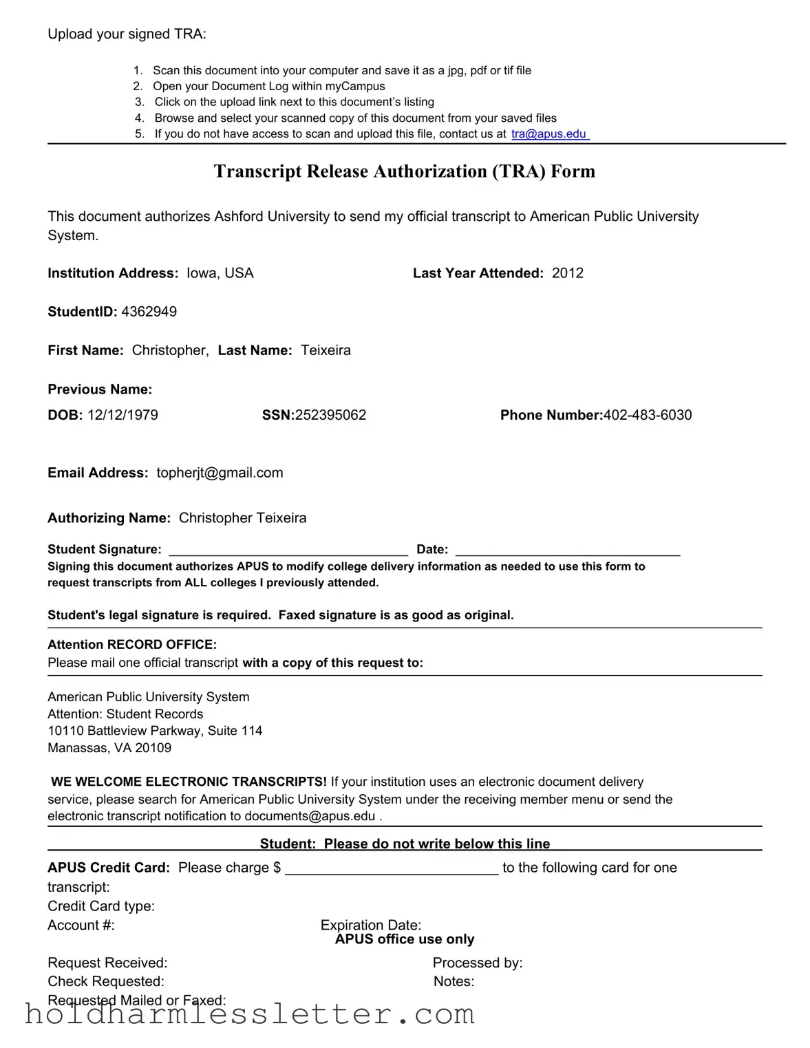 Blank Transcript Release Authorization PDF Template