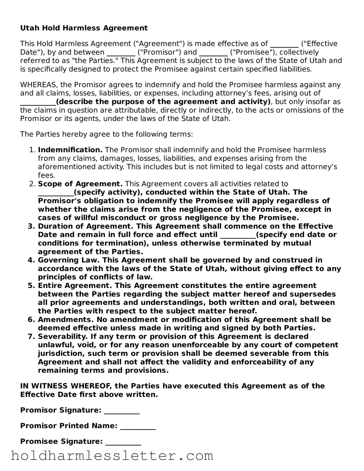 Printable Utah Hold Harmless Agreement Form