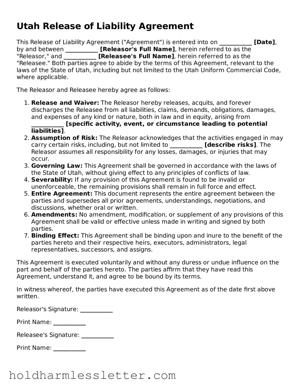 Printable Utah Release of Liability Form