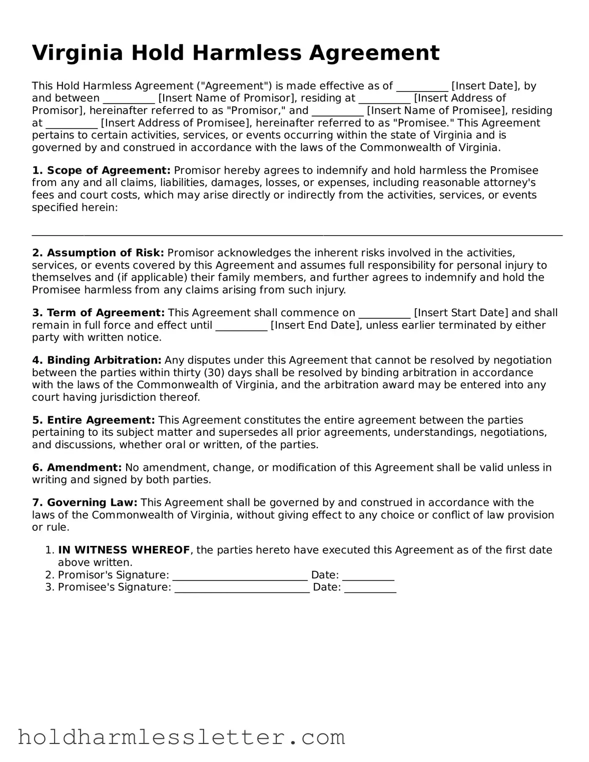 Printable Virginia Hold Harmless Agreement Form