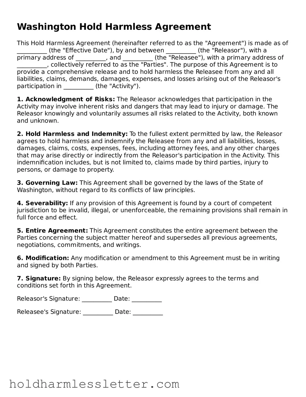 Printable Washington Hold Harmless Agreement Form