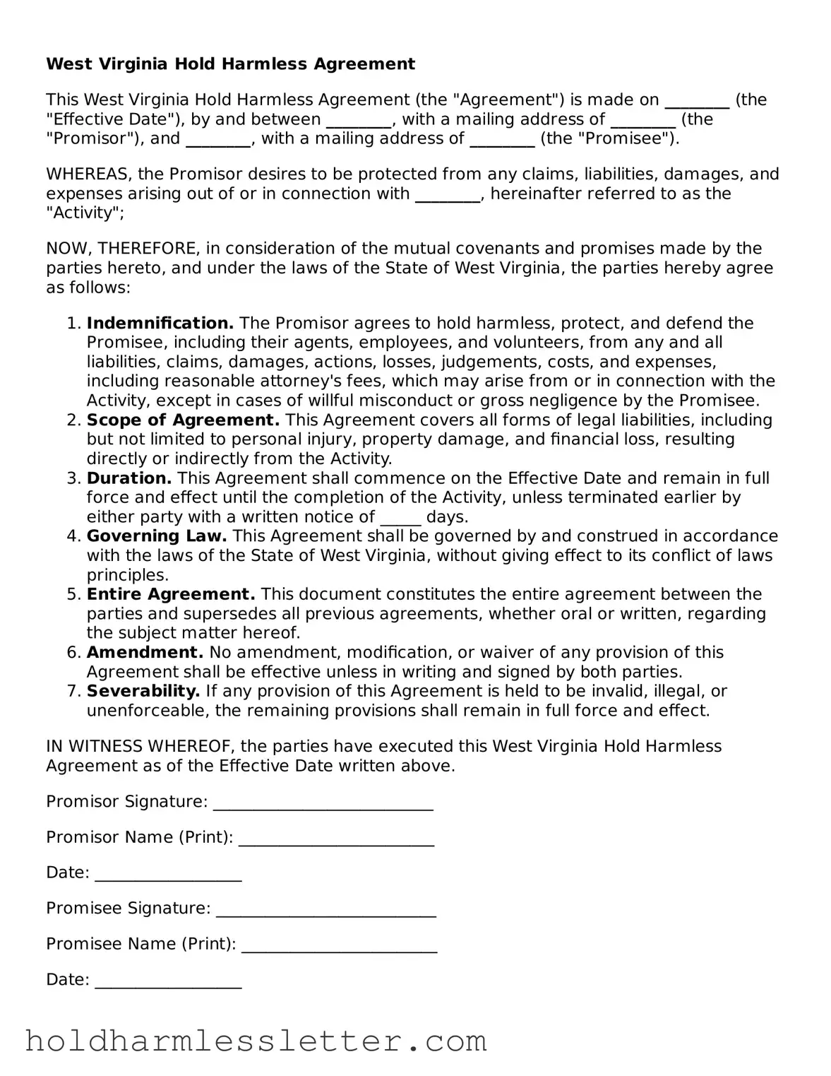 Printable West Virginia Hold Harmless Agreement Form