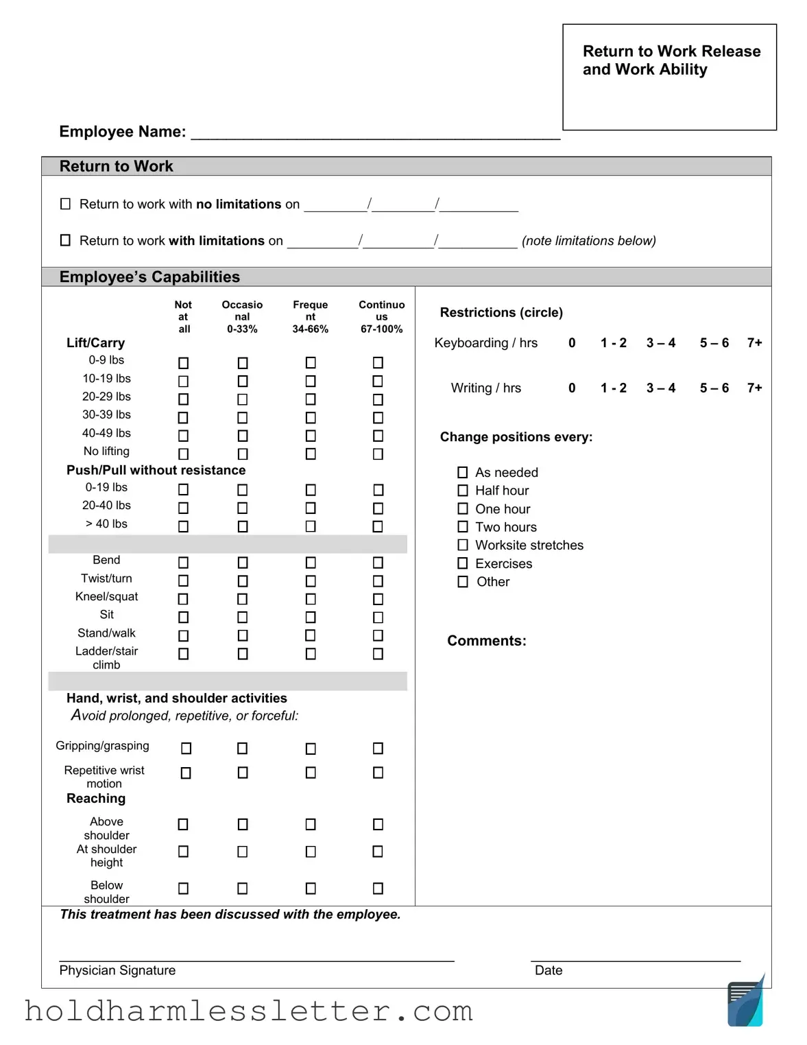 Blank Work Release PDF Template